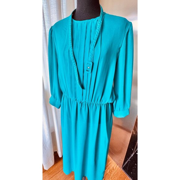 Vintage 80s A-line dress, turquoise, pleated bodice, assorted belt, long sleeves - Picture 7 of 8